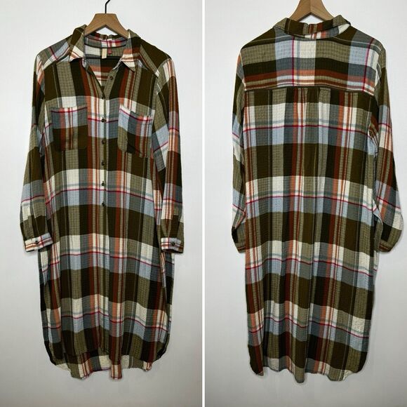 ANTHROPOLOGIE Pilcro Side-Slit Maxi Tunic Buttondown Women’s Shirt Top Medium - Picture 2 of 12